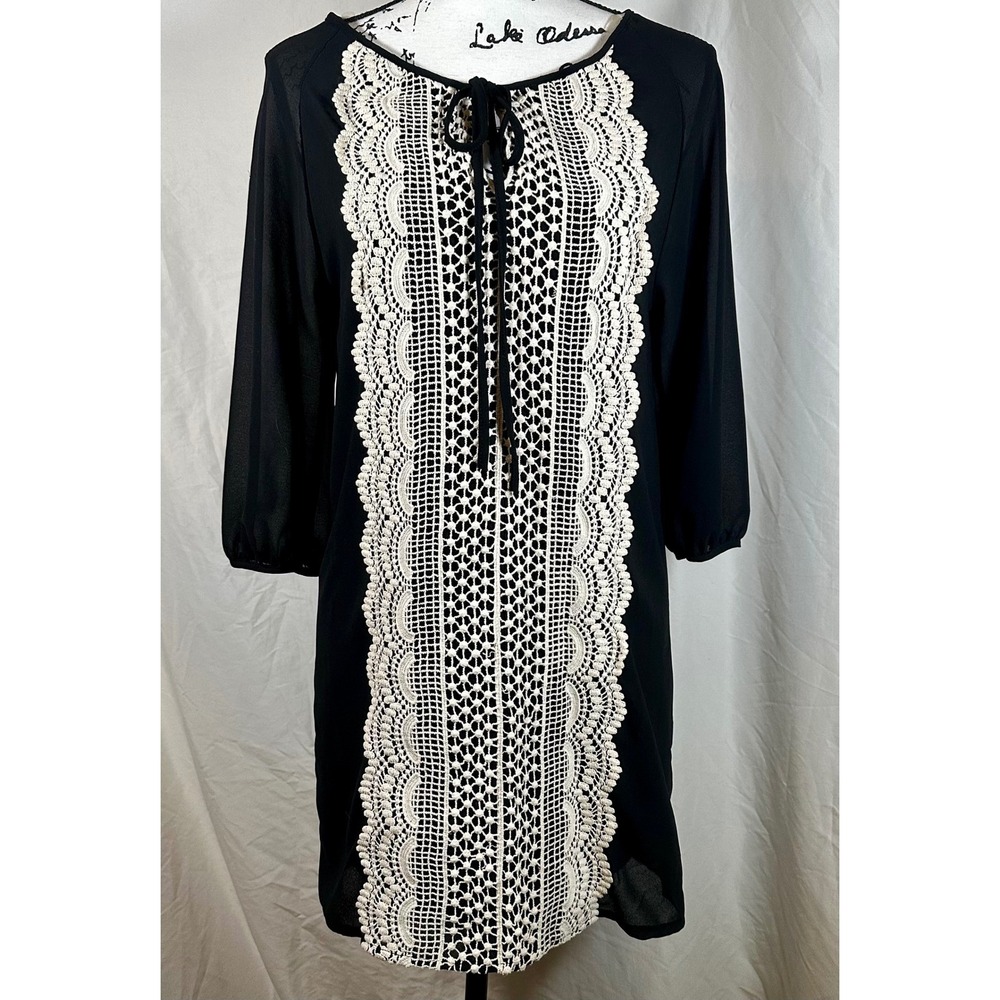 Altar'd State Black Mini Shift Dress Women's S Scalloped Crochet 3/4 Sleeve Mod